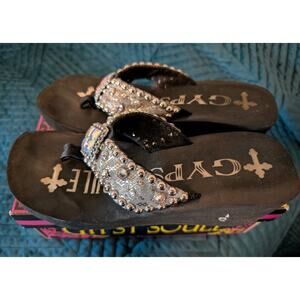 Gypsy Soule Women's Diamondback Black Swarovski Flip Flops Sandals Size 10